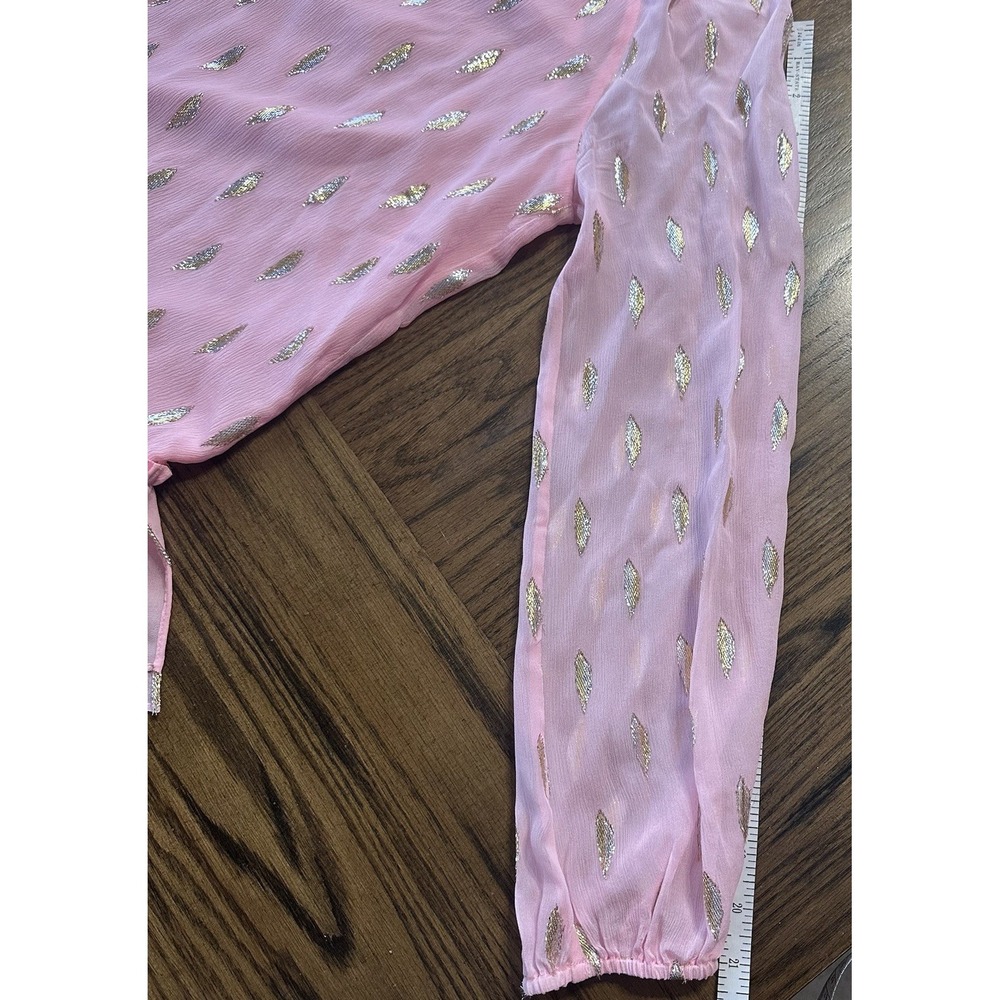 Lilly Pulitzer Tensley‎ Silk Top Pink Metallic Silver Gold Feathers Ruffles Sz S - Picture 14 of 15